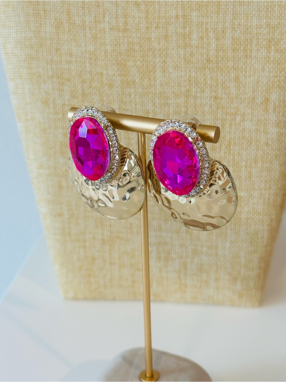 Gold-Tone Earrings with Hot Pink Oval Crystal Accents - Women Jewelry